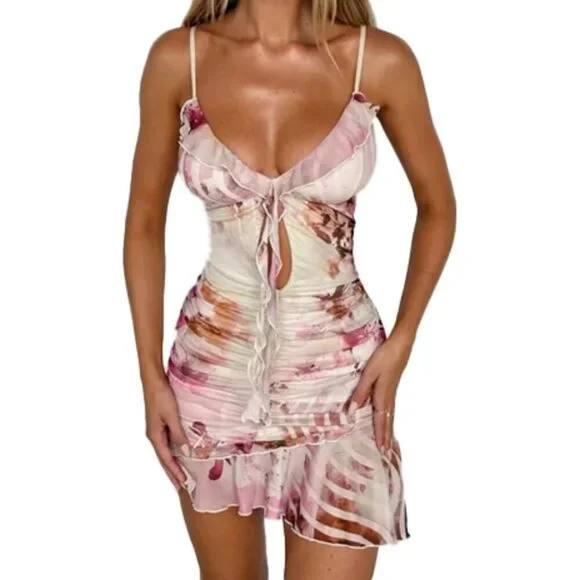 🔥 TIGER MIST CARLY mini Dress SIZE XS Pink and cream - Picture 1 of 9